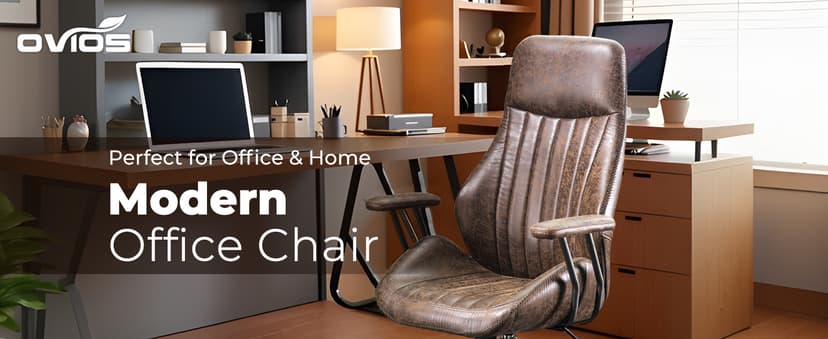 ovios Ergonomic Office Chair, High Back Faux Leather Executive Chairs with Armrests, Comfy Mid-Century Modern Swivel Rolling Computer Armchair (Dark Brown, Suede Leather)