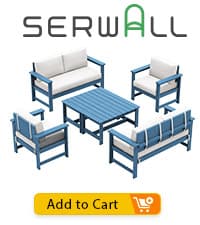 SERWALL 7-Piece Patio Dining Table Sets, Outdoor HDPE Dining Furniture Set with Umbrella Hole Cut-Out Table and 6 Chairs, Blue