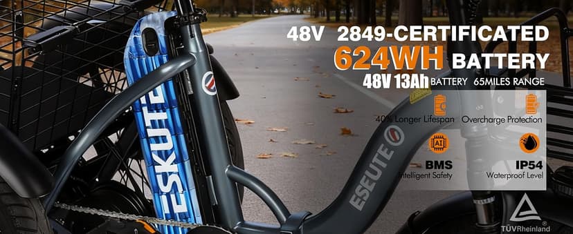 T300 Adults Electric Trike Bike, 1200W Peak Motor & 624Wh Removable Battery,18x3.0 Fat Tire Foldable 3-Wheel E-Bike with Step-Thru Design, Up to 65 Miles, Gift for Parents