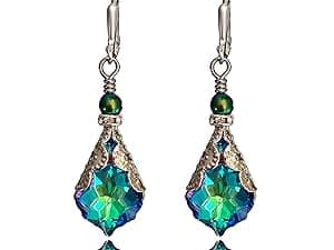 HisJewelsCreations Antique Inspired Vintage Victorian Dangle Drop Earrings for Women - Colored Austrian Crystal Leverback Earrings - Jewelry Gift for Her