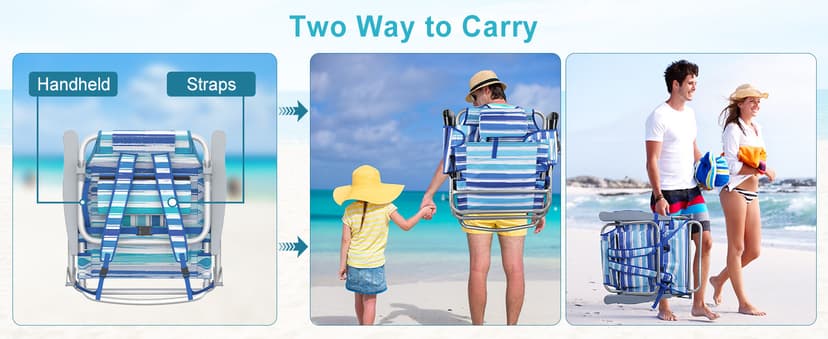 Suteck Backpack Beach Chairs for Adults, 5-Position Lay Flat Reclining Chair with Cooler Pouch, Cup Holder, Towel Bar, 2-Pack Portable Folding Beach Chair for Lawn Outdoor (1, Light Blue)