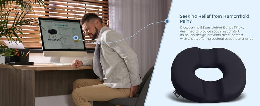 5 STARS UNITED Donut Pillow Hemorrhoid Tailbone Cushion – Large Floor Cushion for Pain Relief – Coccyx, Prostate, Sciatica, Pelvic Floor, Pressure Sores, Pregnancy, Postpartum Recovery, Black