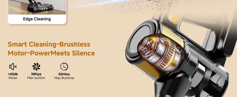 Cordless Vacuum Cleaner, 8 in 1 40Kpa 55Mins,Lightweight Vacuum Cleaners for Home, Stick Vacuum with Anti-Tangle Brush,Wall Mount, Rechargeable Cordless Vacuum for Floor/Sofa/Pet Hair,Gold