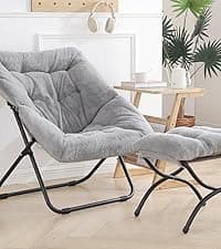 Lazy Chair with Ottoman, Modern Accent Chair with Lumbar Pillow, Dark Grey Sofa, Armchairs with Folding Footrest, Oversized Supportive Chairs for Bedroom, Reading