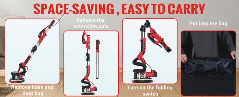 Drywall Sander, Popcorn Ceiling Removal Tool, 1000W Drywall Sander with Vacuum Dust Collector, 6 Variable Speed 500-2000rpm, 18pcs Sanding Discs, Led Light, Foldable & Extendable Handle