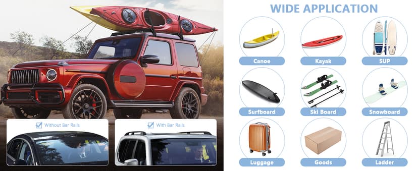 WOOWAVE Folding Kayak Soft Roof Rack Pads Universal Kayak Carrier Car Rack with 4 Tie Down Straps, 2 Tie Down Rope, 4 Carabiner, 2 Quick Loop Strap and Storage Bag for Canoe/Surfboard/Paddleboard/SUP