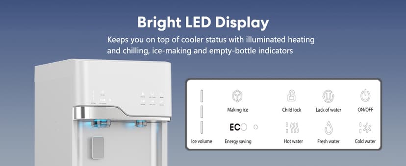 IKT 4-in-1 Hot/Cold Water Cooler with Ice Maker, 5 Gal, Bottom Load, Bullet Ice 22lbs Per Day Innovative Slim & Sleek Design for Home or Office White