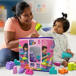 MEGA BLOKS First Builders Toddler Blocks Toys Set, Big Building Bag Collection with 80 Pieces and Storage, Pink, Ages 1+ Years