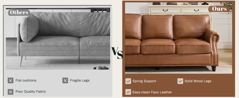 Kingfun Mid-Century Modern Couch, Faux Leather Sofa, 3 Seater Couch for Living Room with Rolled arms & Nailhead Trim, Brown