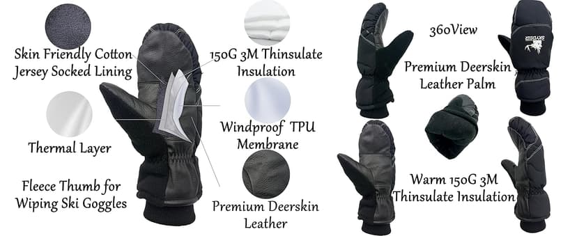 SKYDEER Warm Ski Mittens with Soft Premium Deerskin Leather and 150G 3M Thinsulate Insulation (SD8753M, Unisex)