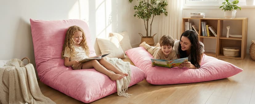 3 in 1 Kids Bean Bag Chair Bed for Kids or Adults, Convertible Chair Folds from Bean Bag Sofa to Lounger, Child Floor Sofa for Gaming, Reading, Floor Mattress with High-Density Foam (Pink)