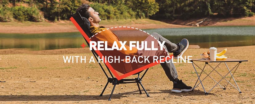 Wildhiker Portable Compact Folding Camping Chairs – Lightweight High Back with Pillow, Deep Recline, ArmPads, Side Pockets-for Motorcycle, RV, Backpacking, Travel, Festival – Black