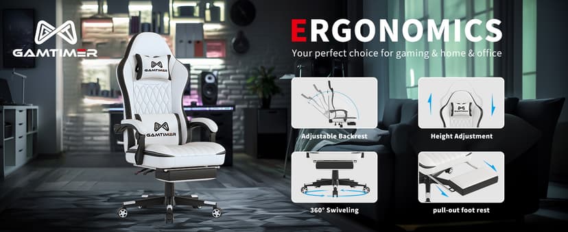 Gamtimer Gaming Chair with Footrest, Ergonomic Computer Chair, PU Breathable Material with Headrest and Lumbar Support, Suitable for Silla Gamer and Adults (White)