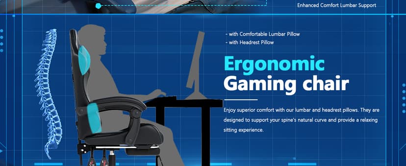 OS MOTOR Gaming Chair with Headrest and Lumbar Support, Ergonomic High Back Office Chair, Racing Style Executive Computer Desk Chair, Leather Adjustable Swivel Task Chair for Home Office (Black)