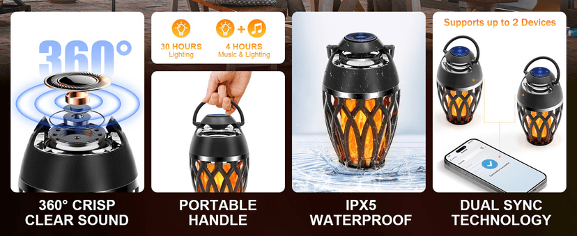 Vanten 2 Packs Outdoor Bluetooth Speakers, Bluetooth 5.0 Led Flame Speaker, IPX5 Waterproof Flame Torch Atmosphere Speaker, Flame Lamp, Gifts for Men Women, Decorations for Party Garden Patio