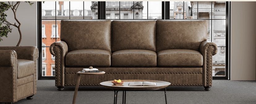 ONBRILL Faux Leather Sofa, 84 Inches Nailhead Trim Couch for Living Room, Mid-Century Modern Deep Seat Sofa with Rolled Arms, Classic 3 Seater Couch for Apartment, Office, Brown