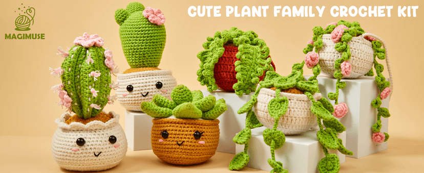 MAGIMUSE Crochet Kit for Beginners, Crochet Starter Kits, Amigurumi Craft Knitting Crocheting Kits with Step-by-Step Video Tutorials, 6 Pack Hanging Potted Plants Family(40%+ Yarn