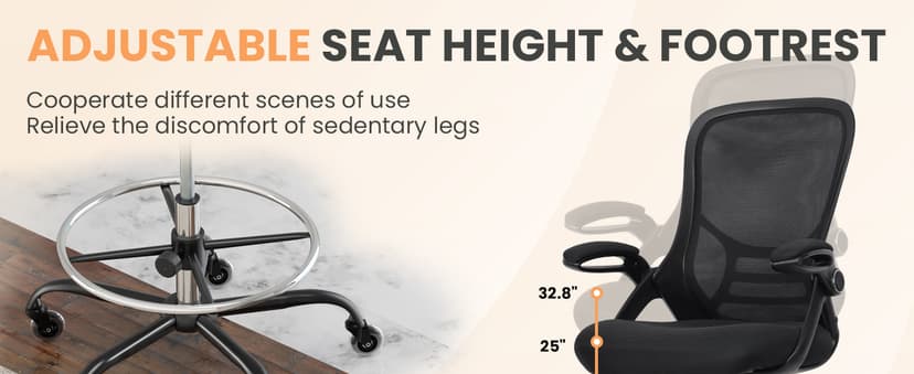 HYLONE Drafting Chair Adjustable, Tall Office Chair Lumbar Support Ergonomic Standing Desk Chair Heavy Duty Tall Drafting Stool for Artists with Footrest Home Office Drafting Stool