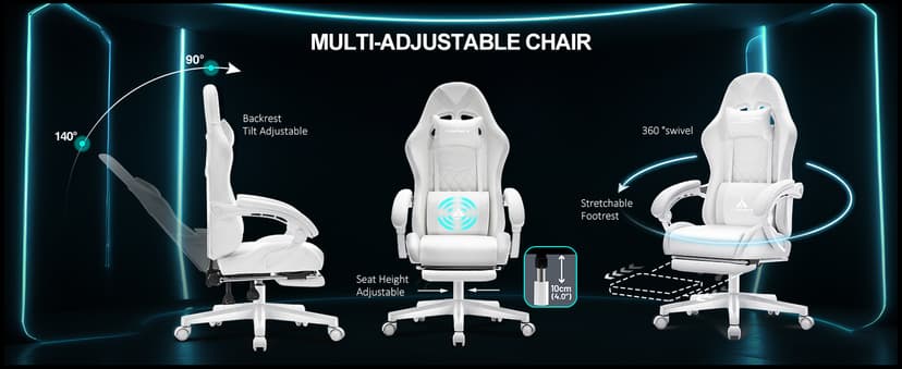White Gaming Chair,Ergonomic Massage Computer Office Desk Chair with Footrest,Pocket Spring Cushion,Reclining Leather Adjustable Gamer Chair with Headrest and Lumbar Support,White
