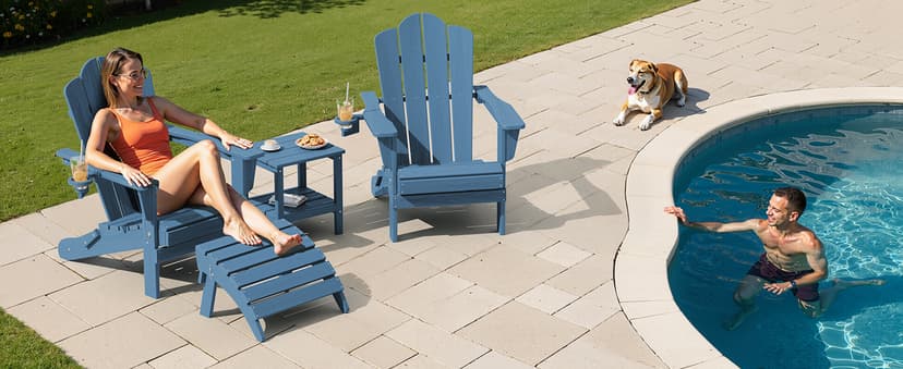 KINGYES Folding Adirondack Chair, HDPE All-Weather Patio Chairs with Cup Holder, Wooden Textured Fire Pit Chairs Recliner for Poolside, Backyard, Deck, Navy