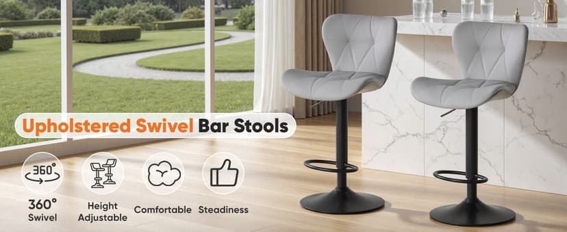 Sweetcrispy Modern Bar Stools Set of 4, Adjustable Faux Leather Upholstered Swivel Bar Stools, Counter Height Bar Chairs with Back for Kitchen Island, Grey
