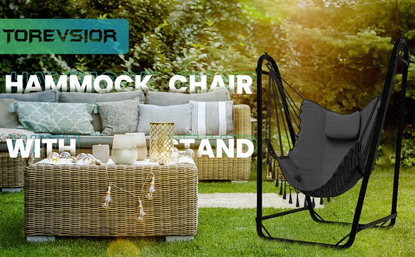 Unique U-Shaped Hammock Chair with Stand,Sturdy & Rust-Resistant,Free Gray Cotton Hammock Chair