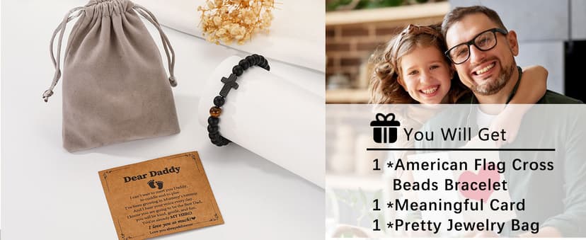 Gifts for Dad New Dad Stepdad Husband, American Flag Cross Beads Bracelet Jewelry Gifts for Father Men from Daughter Son Wife