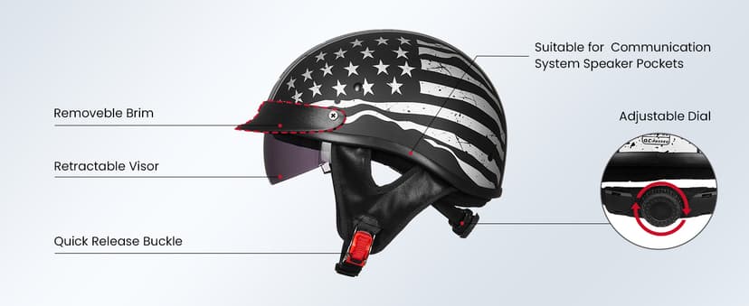 ILM Half Helmet Motorcycle Open Face Sun Visor Quick Release Buckle DOT Approved Cycling Motocross Suits Men Women Model-205V (S, Matt Black)