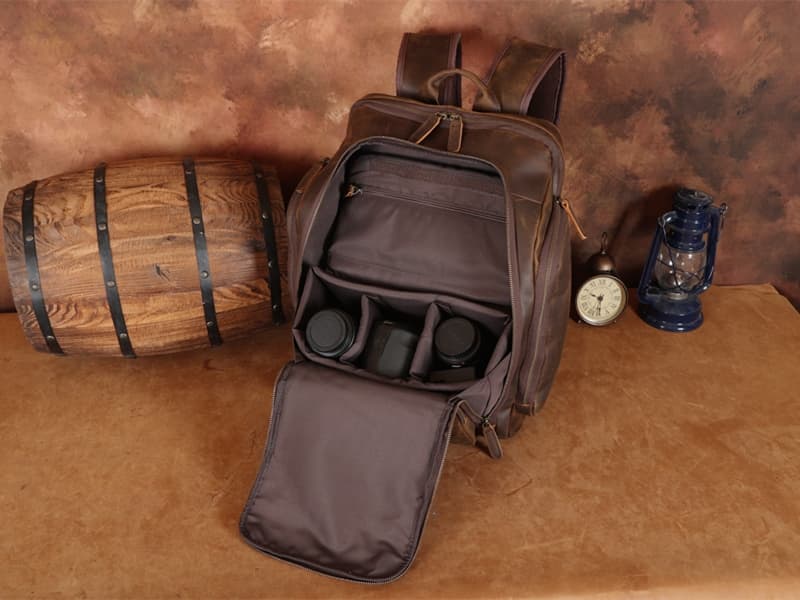 Masa Kawa Leather Backpack for Men with 16" Laptop & Camera Lens Sleeve, Multi Pockets Weekend Trip Business Travel Overnight Camping Bag, Vintage Brown