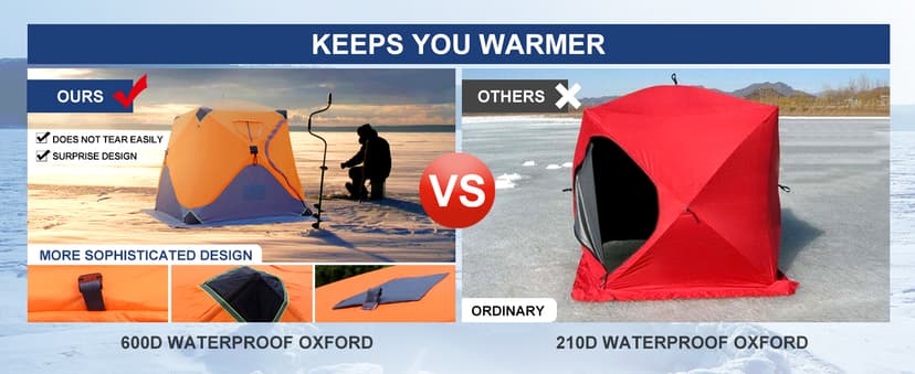 ABXMAS Ice Fishing Shelter 3-4 Person, Portable Insulated Ice Fishing Tent with Stove Jack, Hub-Style Shelter Shanty Waterproof 600D Insulated Layer 2 Doors 2 Windows for Winter