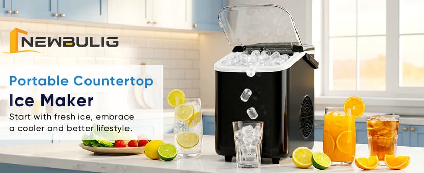 NEWBULIG Ice Maker, Countertop Ice Machine with Handle, 9 Bullet Cubes in 6~8 Mins, 26lbs Daily, Self-Cleaning with Basket and Scoop for Home/Kitchen/Camping/RV