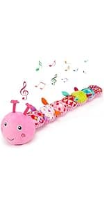 Baby Sensory Toy 0-6 Month Music Animal Stuffed Plush Caterpillar Toy for Infant 0-3-6-12 Month Old Tummy Time with Baby Mirror Crinkle Rattle Carseat Toys for Newborn Boys Girl Shower Gifts