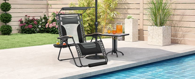 Yaheetech 29in Zero Gravity Chair, Adjustable Patio Padded Anti Gravity Recliner Foldable Outdoor Lounger with Cup Holder Tray, Canopy Shade and Headrest for Beach Camping Gray/Black/1