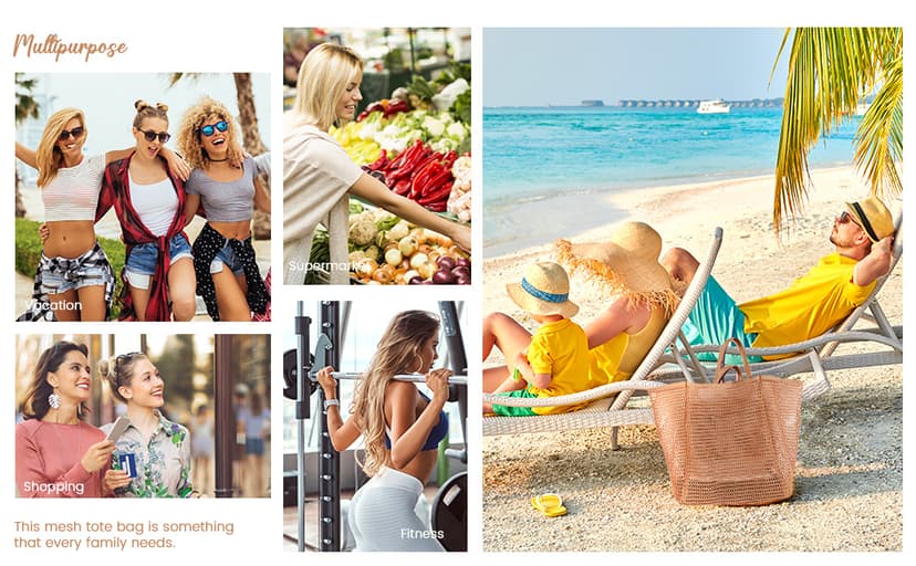 HOHOM Beach Bags for Women, Summer Travel Mesh Tote Bag with Large Inner Pocket, Sandproof Woven Shoulder Handbag