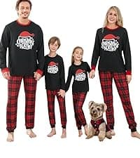 Awoscut Christmas Family Matching Pajamas Sets Christmas PJ's Letter Print Top and Plaid Pants Jammies Sleepwear