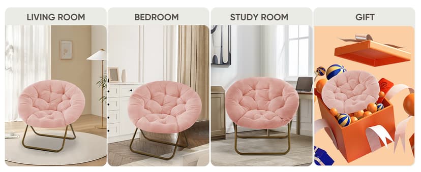 DUMOS Comfy Saucer Chair, Faux Fur Lounge Seasting XL Circle Chair for Bedroom, Dorm & Gaming, Foldable Fashion Accent Seat for Small Spaces, Folding Moon/Mushroom/Round Oversized Style
