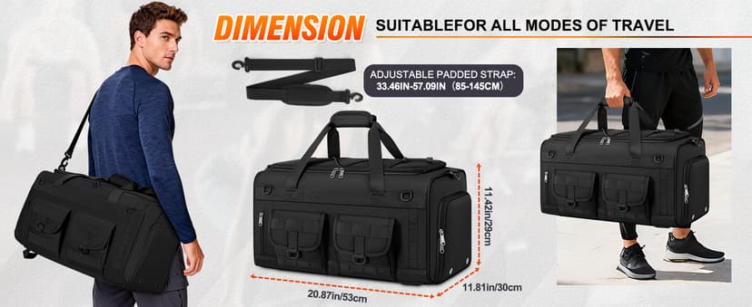 RAINSMORE Gym Bag for Men, 45L Large 3 in 1 Sports Duffle Bag with Shoes Compartment & Wet Pocket Water-Resistant Sports Travel Weekender Bag Multipurpose Carry On Overnight Tactical Backpack, Black