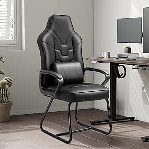Leather Office Guest Chair No Wheels High Back Computer Reception Chairs with Padded Arms Waist Pillow for Gaming Meeting Conference Waiting Room, Black