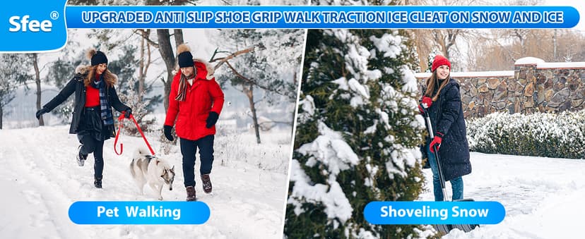 Sfee Crampons Ice Cleats for Shoes and Boots, 28 Steel Shoe Spikes Ultra-Grip Ice Cleats for Men Women Non-Slip Snow Traction Ice Grippers for Shoes and Boots for Walking, Hiking, Climbing, Fishing