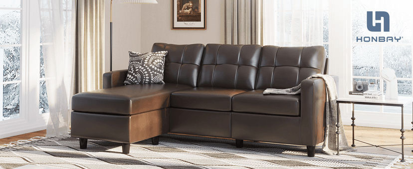 HONBAY Faux Leather Sectional Sofa, Convertible Sectional Couch L Shaped Couch Sofa for Small Space, Brown