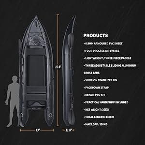 2 Person Inflatable Kayak Fishing PVC Kayak The Dimension 130'' *43'*11.8'' Inflatable Kayak Rescue Rubber Rowing Kayak with Pump Aluminum Alloy Seat Paddle Inflatable Mat, Repair Kit, Fin