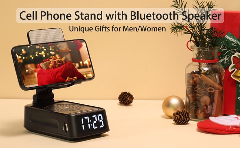 Gifts for Men Women, Phone Stand with Bluetooth Speaker&Clock, Birthday Gifts for Him, Phone Holder with Wireless Speaker, Ideal for Dad Mom Husband Boy, Cool Tech Gadget for Men