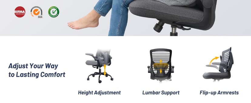 Office Desk Chair for Long Hours & Back Pain Relief – 4“ Thick Molded Foam Cushion, Enhanced Lumbar Support, Padded Flip-up Armrests, Ideal for Office or Study, Dark Gray