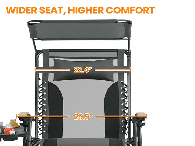 Yaheetech 29in Zero Gravity Chair, Adjustable Patio Padded Anti Gravity Recliner Foldable Outdoor Lounger with Cup Holder Tray, Canopy Shade and Headrest for Beach Camping Gray/Black/1