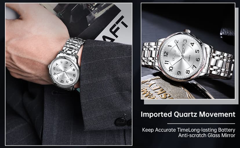 Taxau Watches for Men Stainless Steel Waterproof Two Tone Luxury Casual Silver Wrist Watch Quartz Analog Business Big Face Classic Dress Mens Watches with Day Date