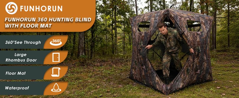 FUNHORUN Hunting Blind with Floor Mat, 360 Degree See Through Ground Blind with Carrying Bag, 2/3/4 Person Pop Up Camouflage Tent Portable Concealed Shelter