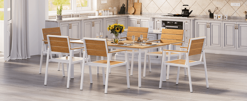 Outdoor Dining Set, Patio Table and Chairs Set with Umbrella Hole, 7 Pieces HDPS + Aluminum Patio Dining Furniture Set for Backyard, Garden (Gray & Teak)