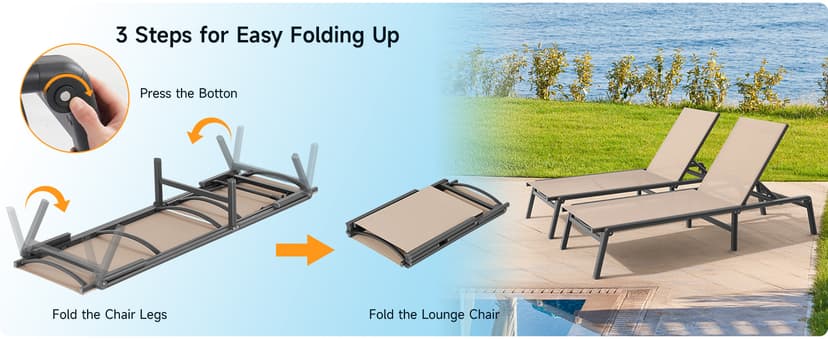 ONBRILL Aluminum Chaise Lounge Chair Outdoor, Foldable & Assembly Free Outdoor Lounge Chair with 5 Position Adjustable Backrest, Patio Pool Lounge Chairs for Outside Poolside Beach Lawn, 1PC, Khaki
