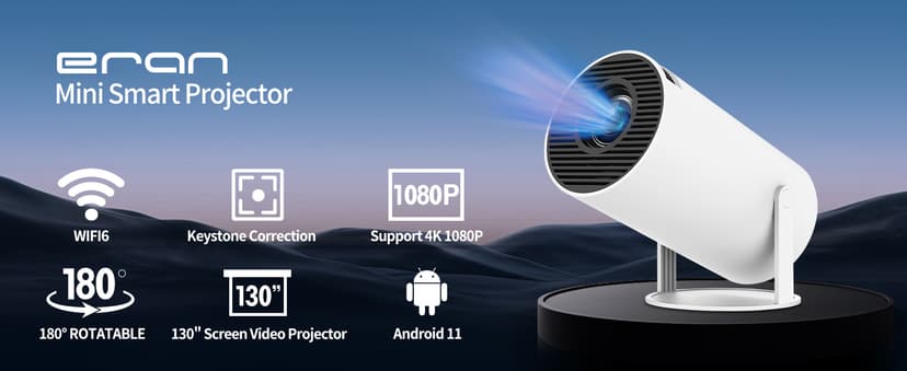 Mini Projector, HY300 PRO Portable Projector, Support 4K 1080P with Dual-Band WIFI6 5G Wireless 5.2 Bluetooth Android 11, 180° Rotatable, Auto Keystone Correction, 35"-130" Screen Video Projector