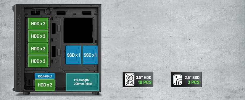 DARKROCK Classico Max Storage Master E-ATX Computer Case with 4x120mm Black Fan, 10 x3.5 HDD+3 x2.5 SDD USB 3.0 Ready, 360mm Radiator Supported, Vertical Slots for GPU Vertically Mount - Black